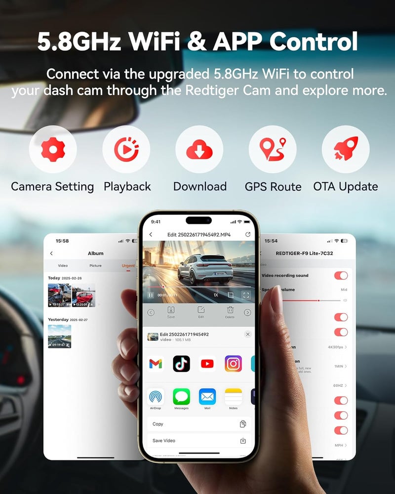 REDTIGER F9 Dash Cam 4K Front and Rear 1080P, WiFi GPS Car Camera with 32GB Card, Dual Dash Camera for Cars, Loop Recording, Night Vision, Parking Mode, Smart App Control, Support 256GB Max - Image 4